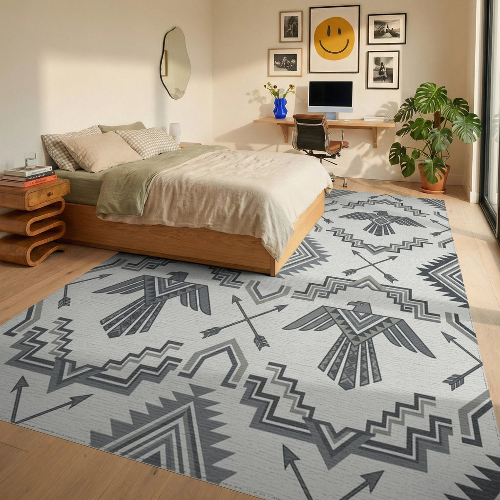 Gray Thunderbird Arrows Geometric Repetition Rug Bedroom View