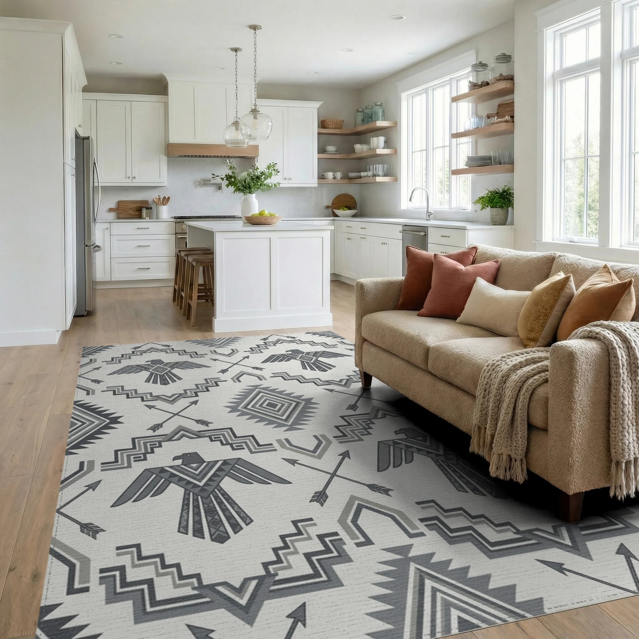 Gray Thunderbird Arrows Geometric Repetition Rug Living Room View