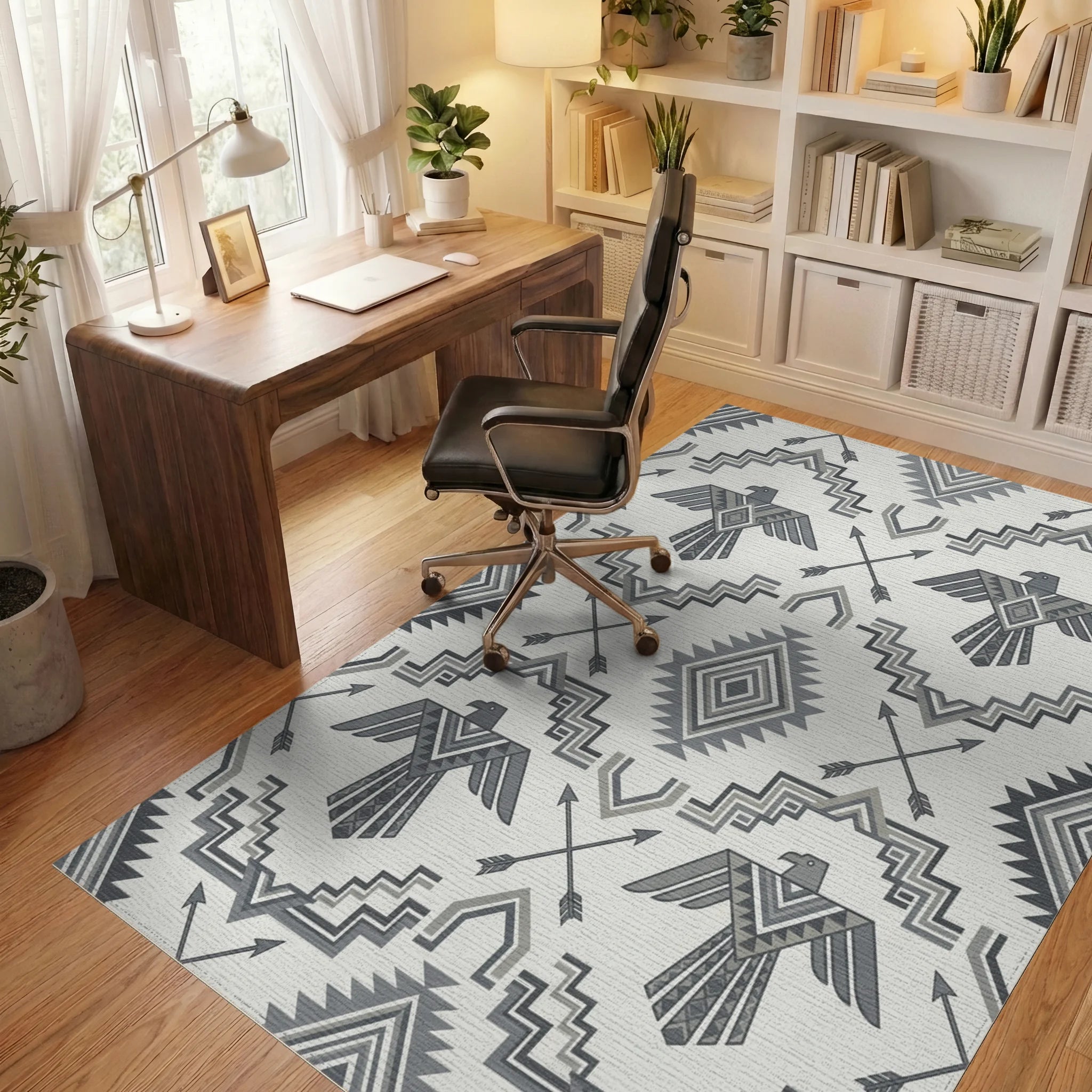 Gray Thunderbird Arrows Geometric Repetition Rug Office View
