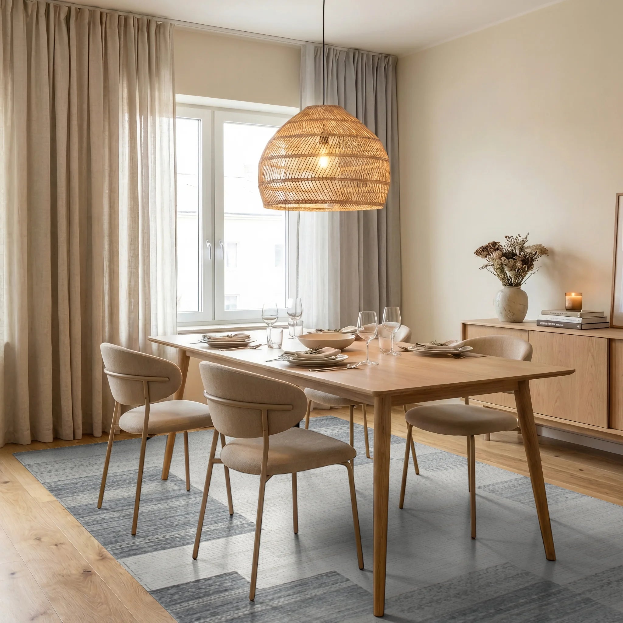 Gray White Geometric Patchwork Rug - Dining Room View