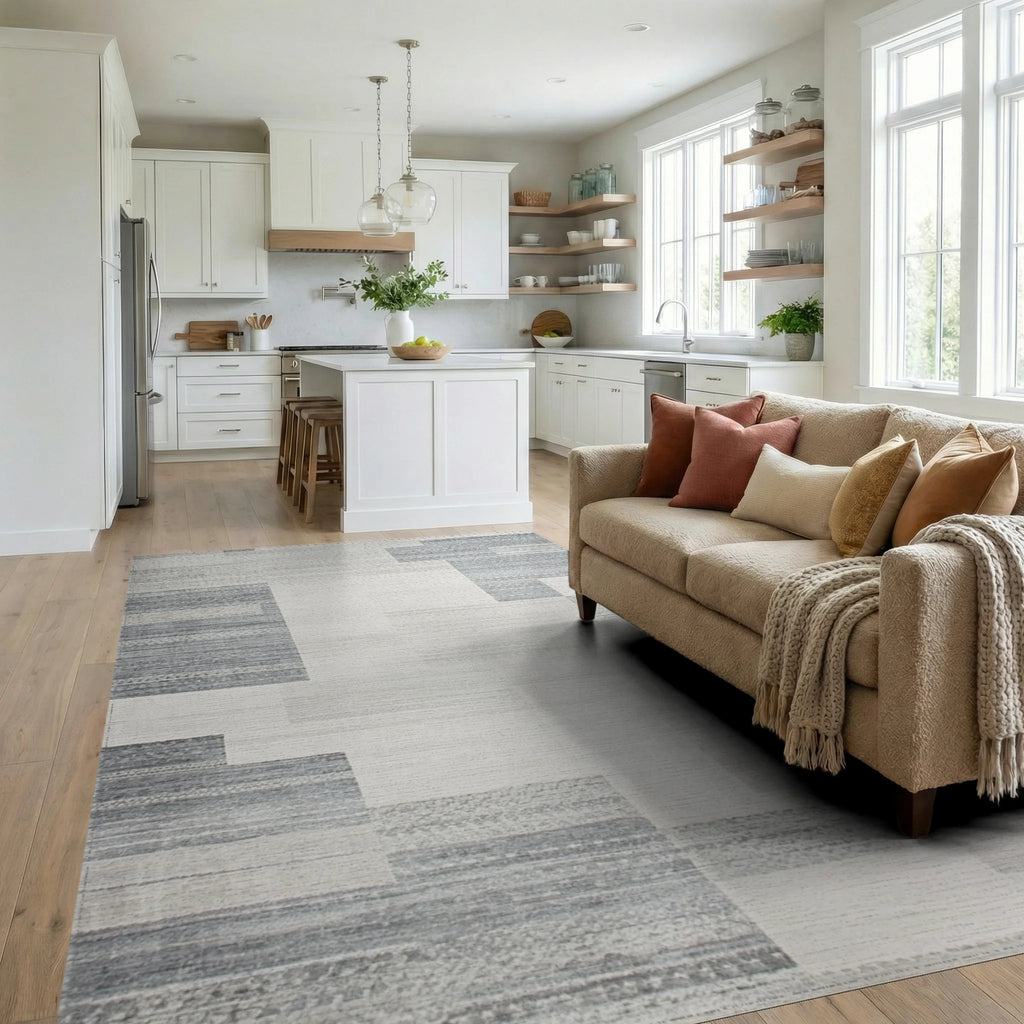 Gray White Geometric Patchwork Rug - Living Room View