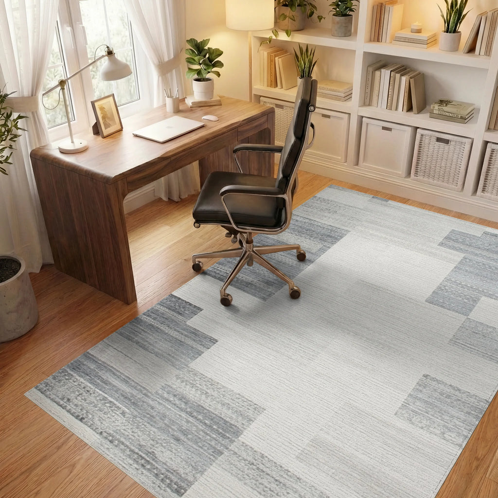 Gray White Geometric Patchwork Rug - Office View