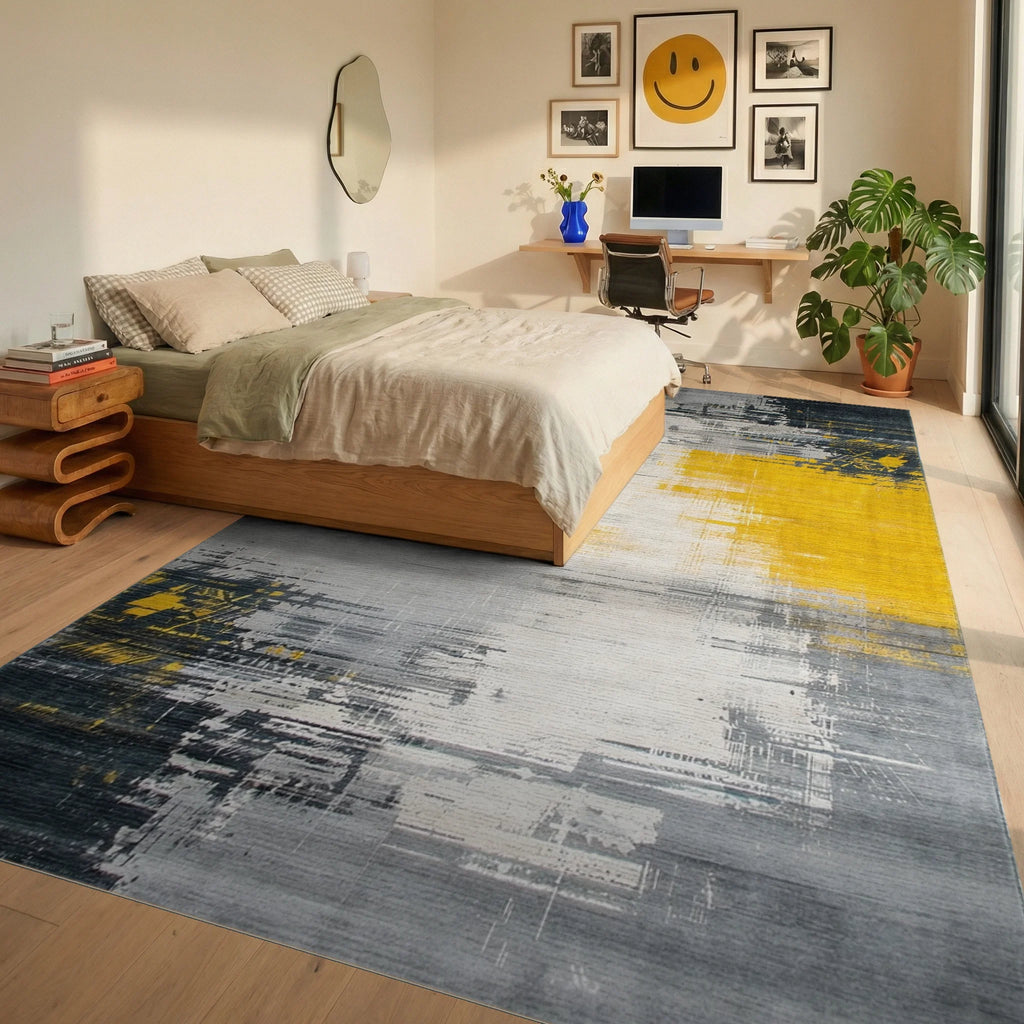 Gray Yellow Abstract Brush Stroke Rug - Bedroom View