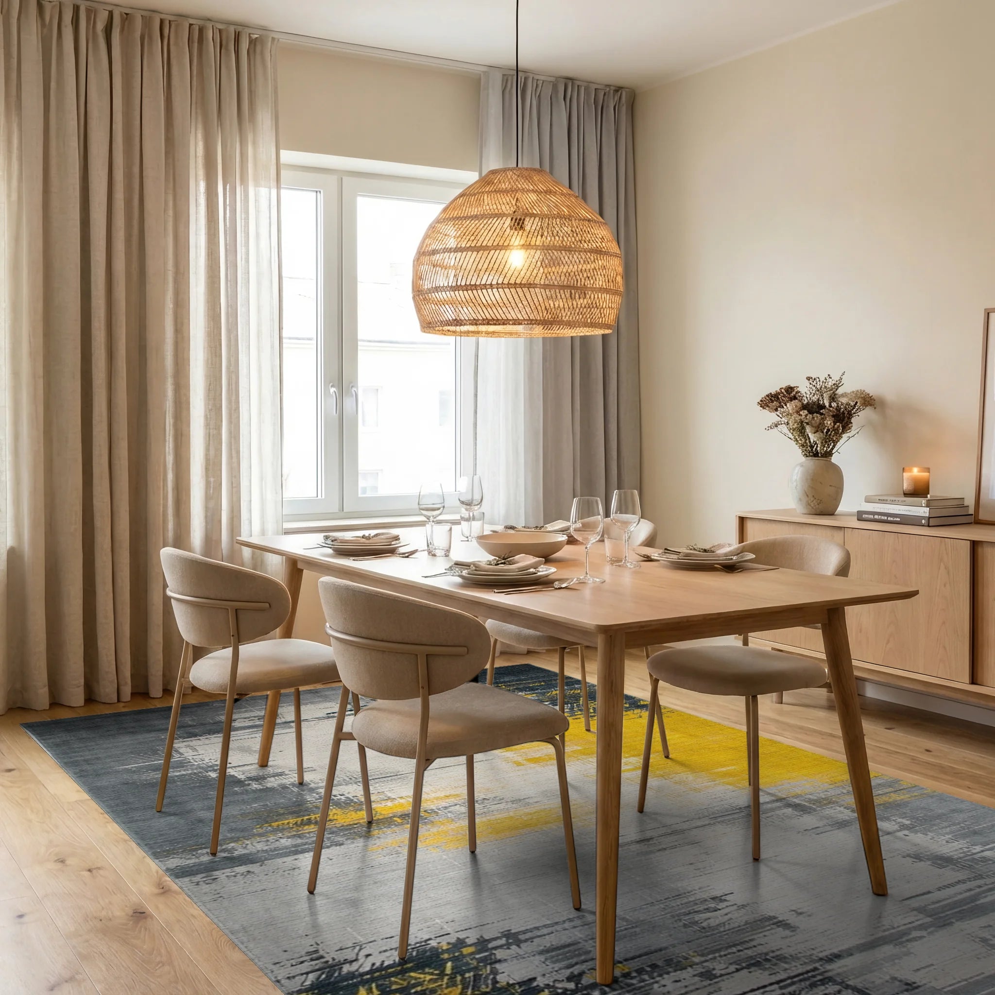 Gray Yellow Abstract Brush Stroke Rug - Dining Room View
