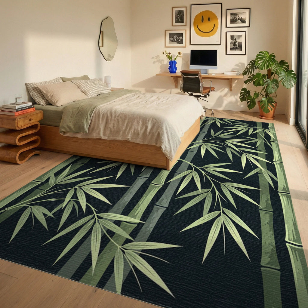 Green Bamboo Forest Foliage Rug Bedroom View