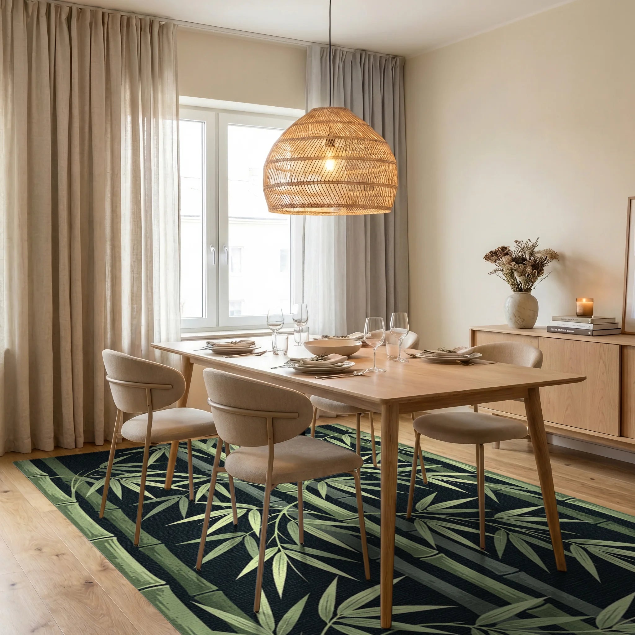 Green Bamboo Forest Foliage Rug Dining Room View