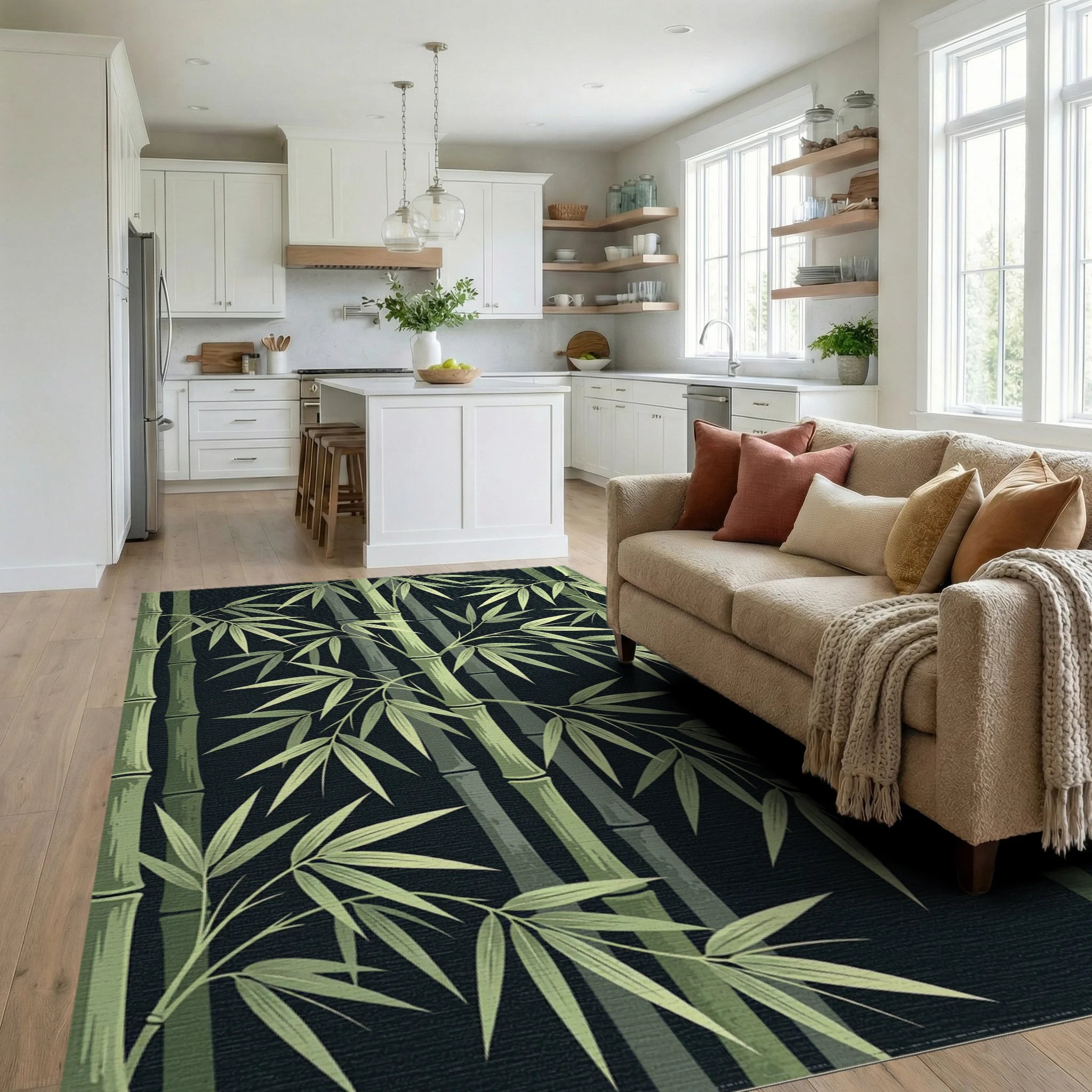 Green Bamboo Forest Foliage Rug Living Room View