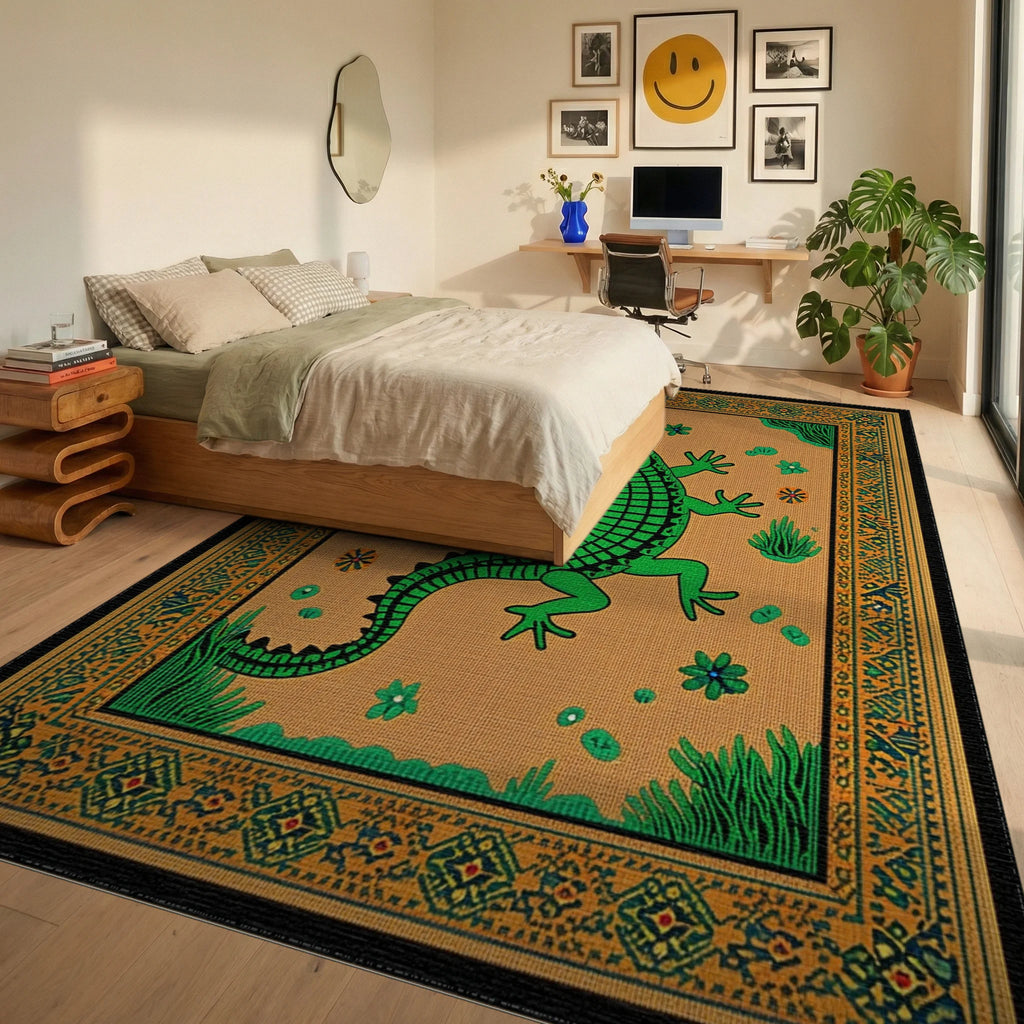 Green Crocodile Garden Border Rug - Bedroom View