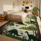 Green Forest Dinosaur Landscape Rug - Bedroom View