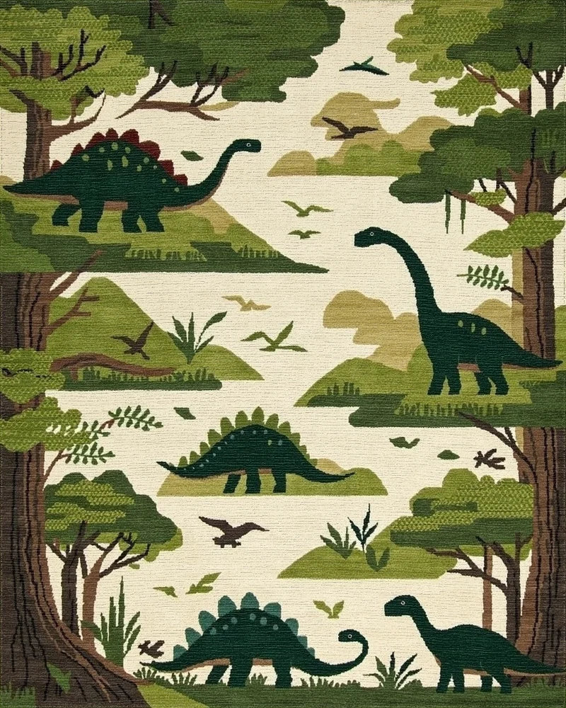 Green Forest Dinosaur Landscape Rug - Cutout View
