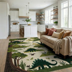 Green Forest Dinosaur Landscape Rug - Living Room View