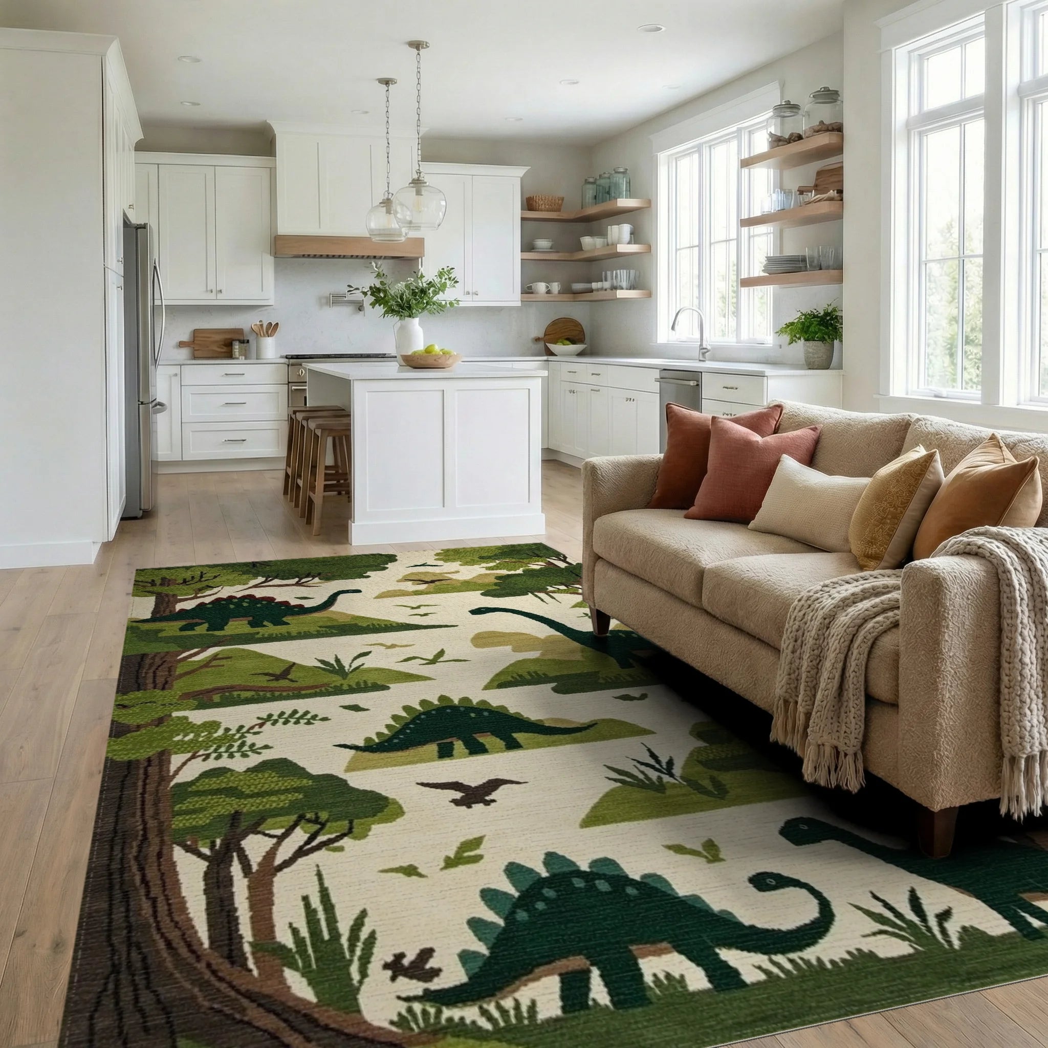 Green Forest Dinosaur Landscape Rug - Living Room View