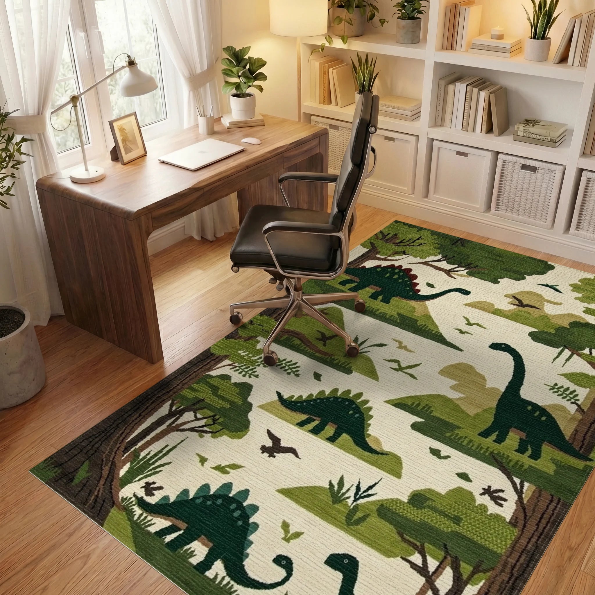 Green Forest Dinosaur Landscape Rug - Office View