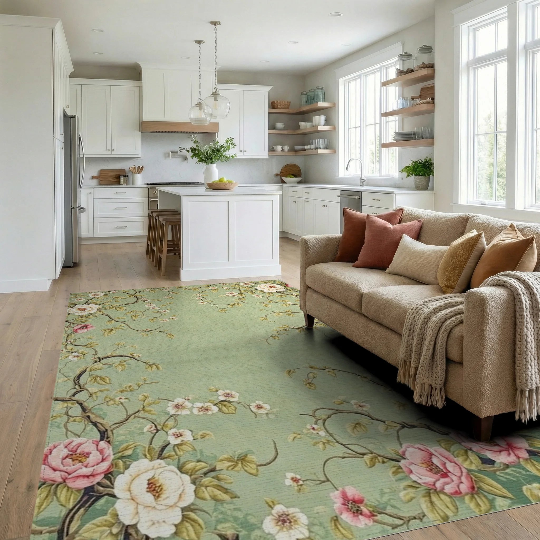 Green Garden Floral Branches Rug - Living Room View