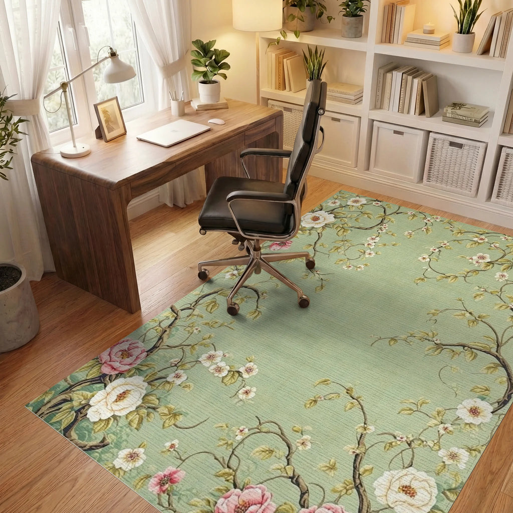 Green Garden Floral Branches Rug - Office View