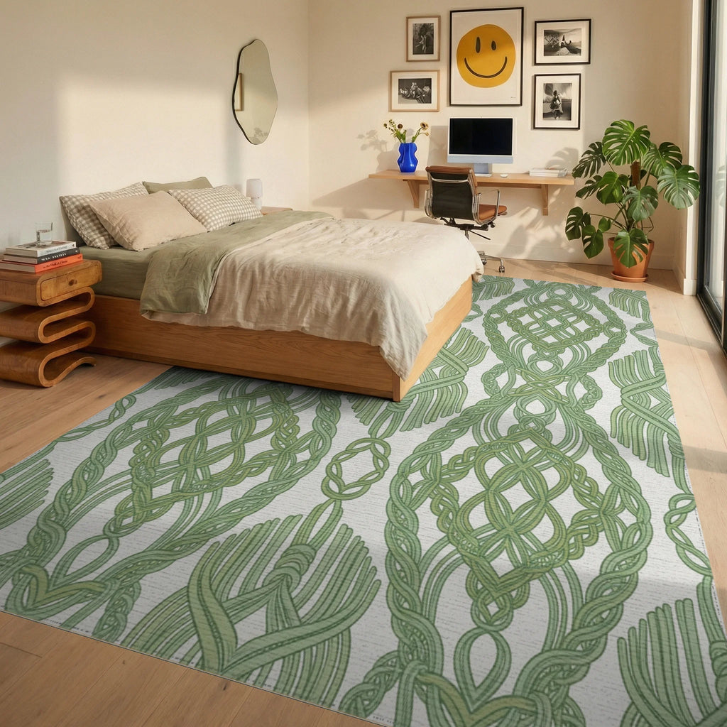 Green Interlocking Macrame Oval Rug Bedroom View