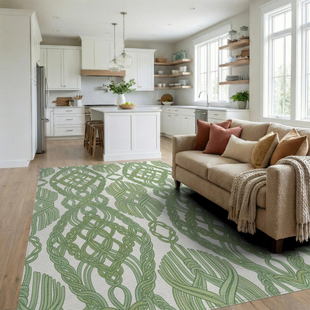 Green Interlocking Macrame Oval Rug Living Room View
