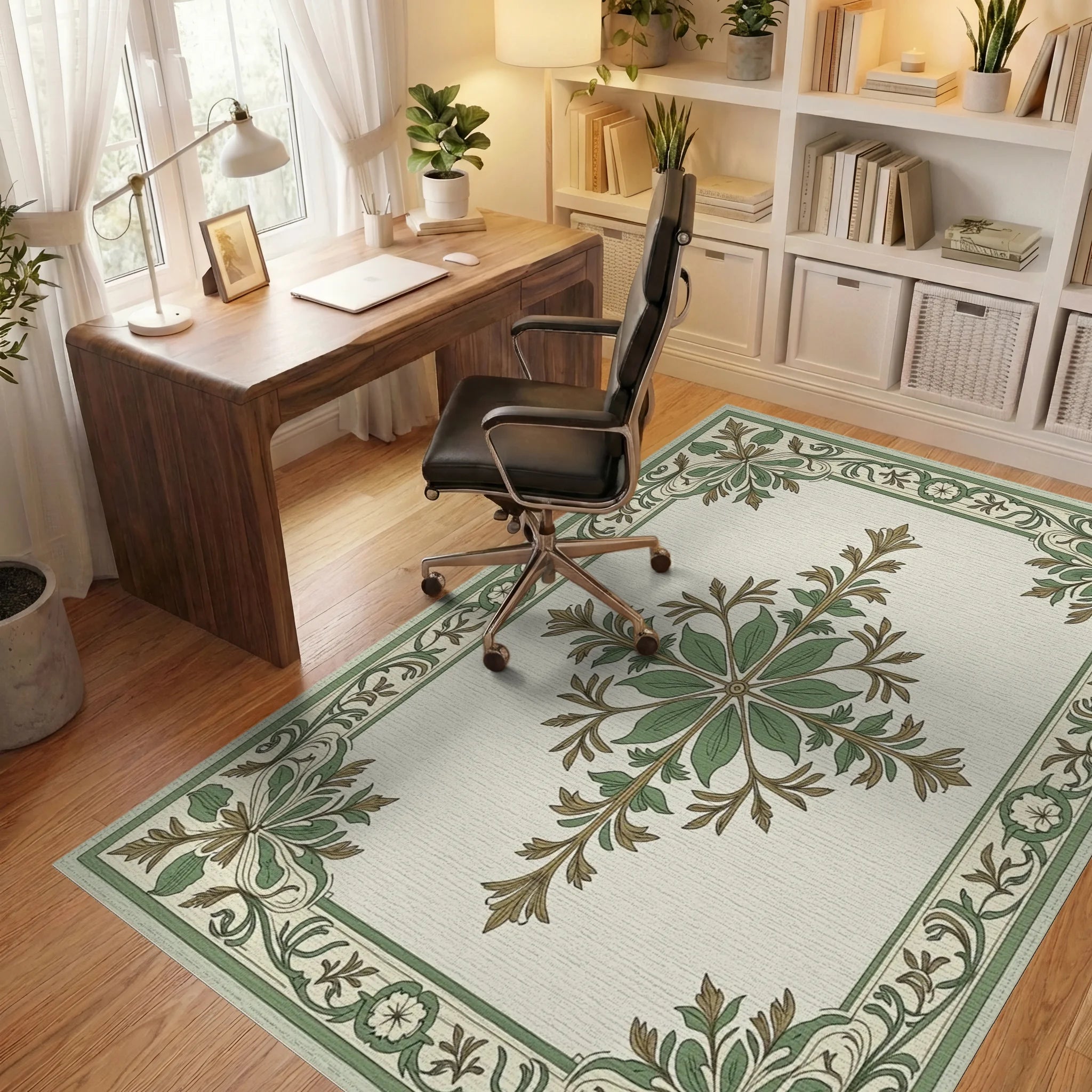 Green Laurel Border with Crested Center Rug Office View