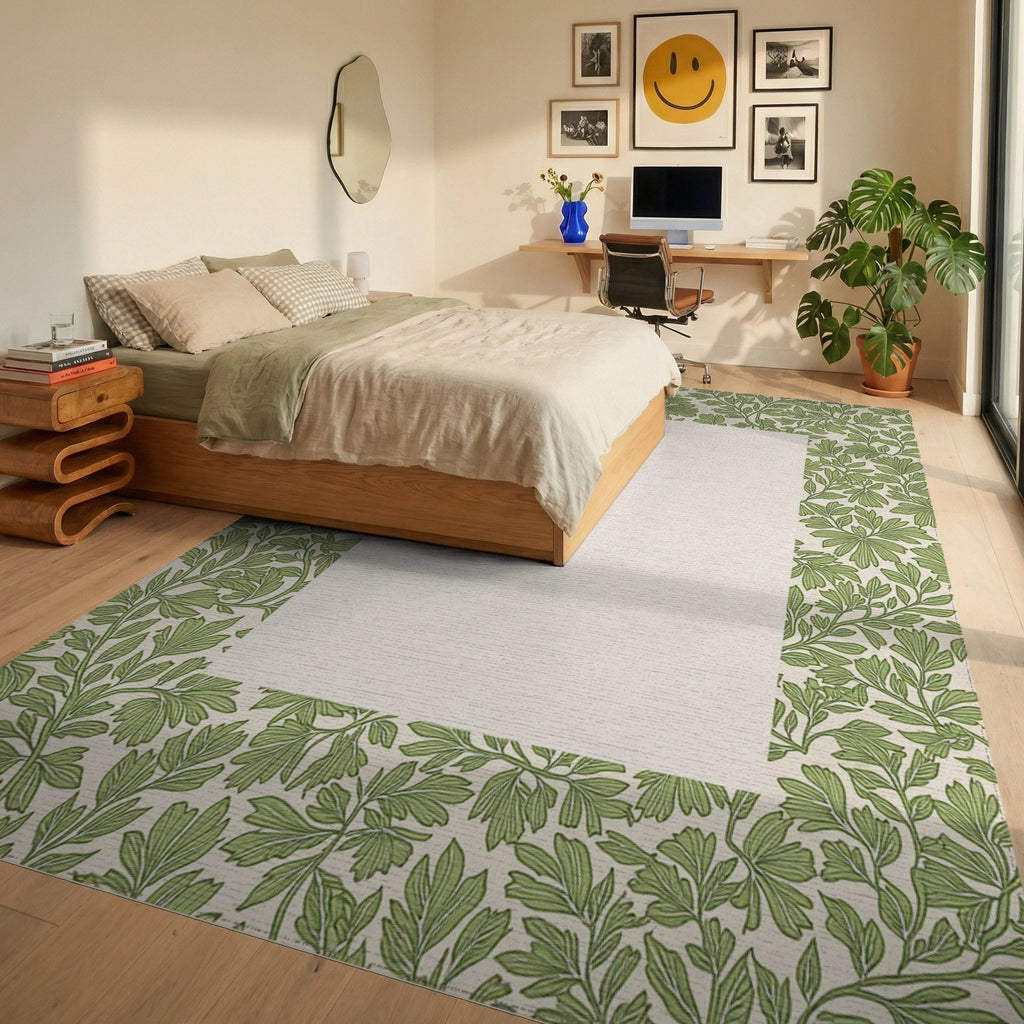 Green Leafy Vine Pattern Rug Bedroom View