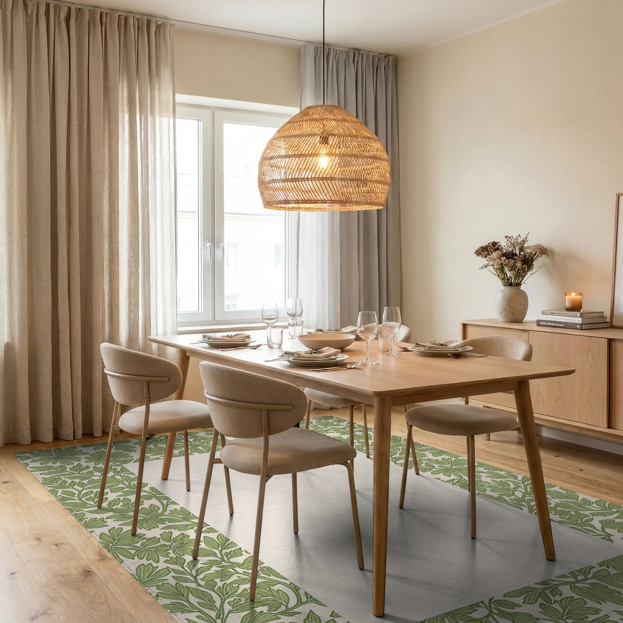 Green Leafy Vine Pattern Rug Dining Room View