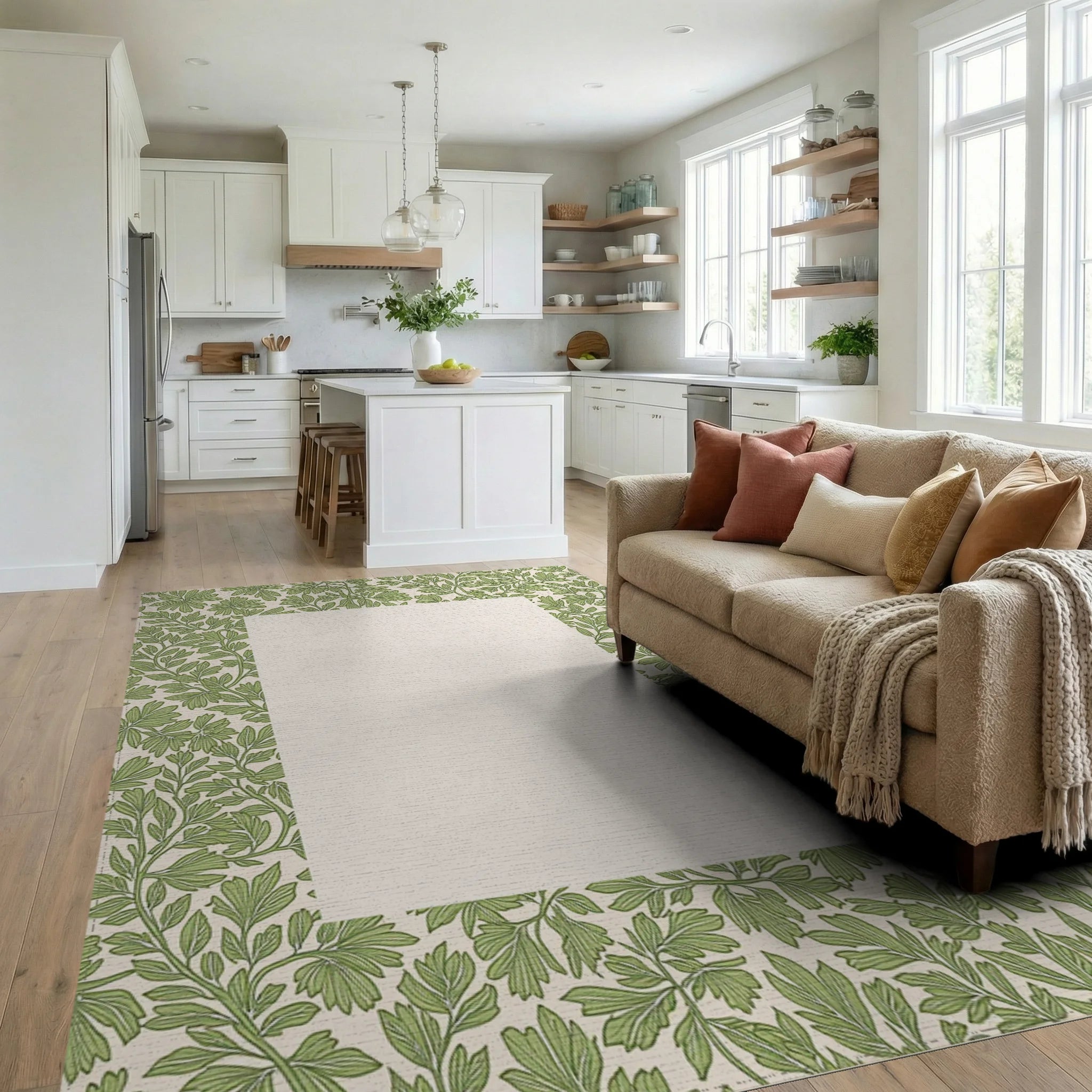 Green Leafy Vine Pattern Rug Living Room View