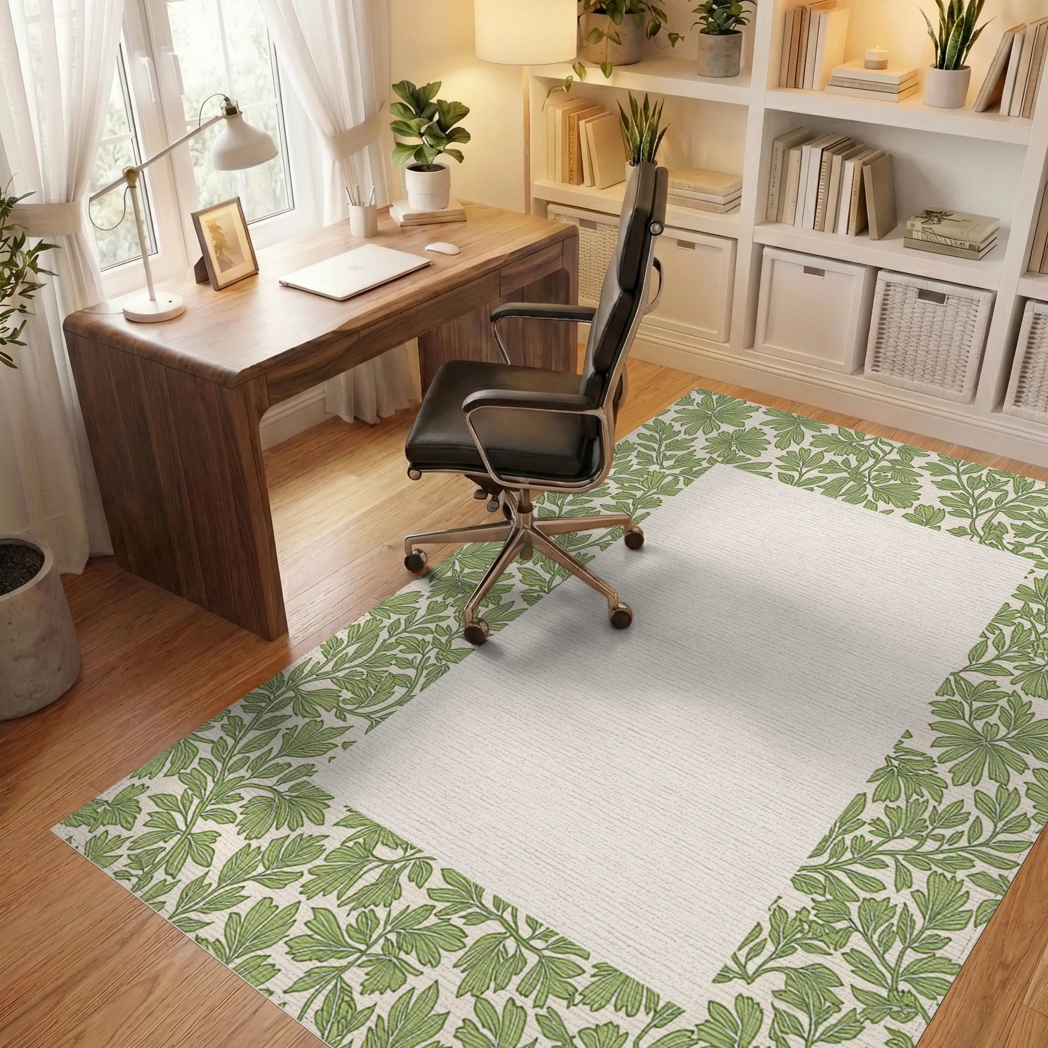 Green Leafy Vine Pattern Rug Office View
