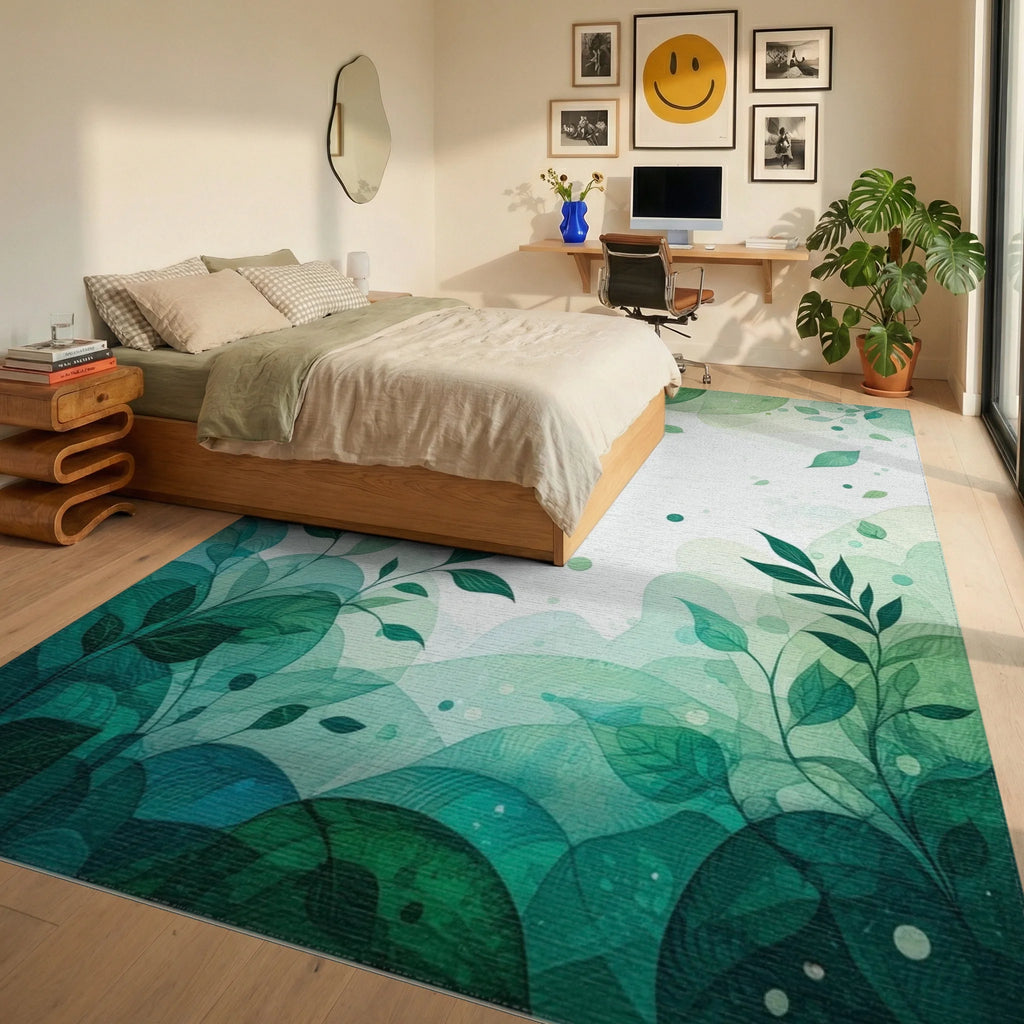 Green Leaves Abstract Watercolor Pattern Rug - Bedroom View