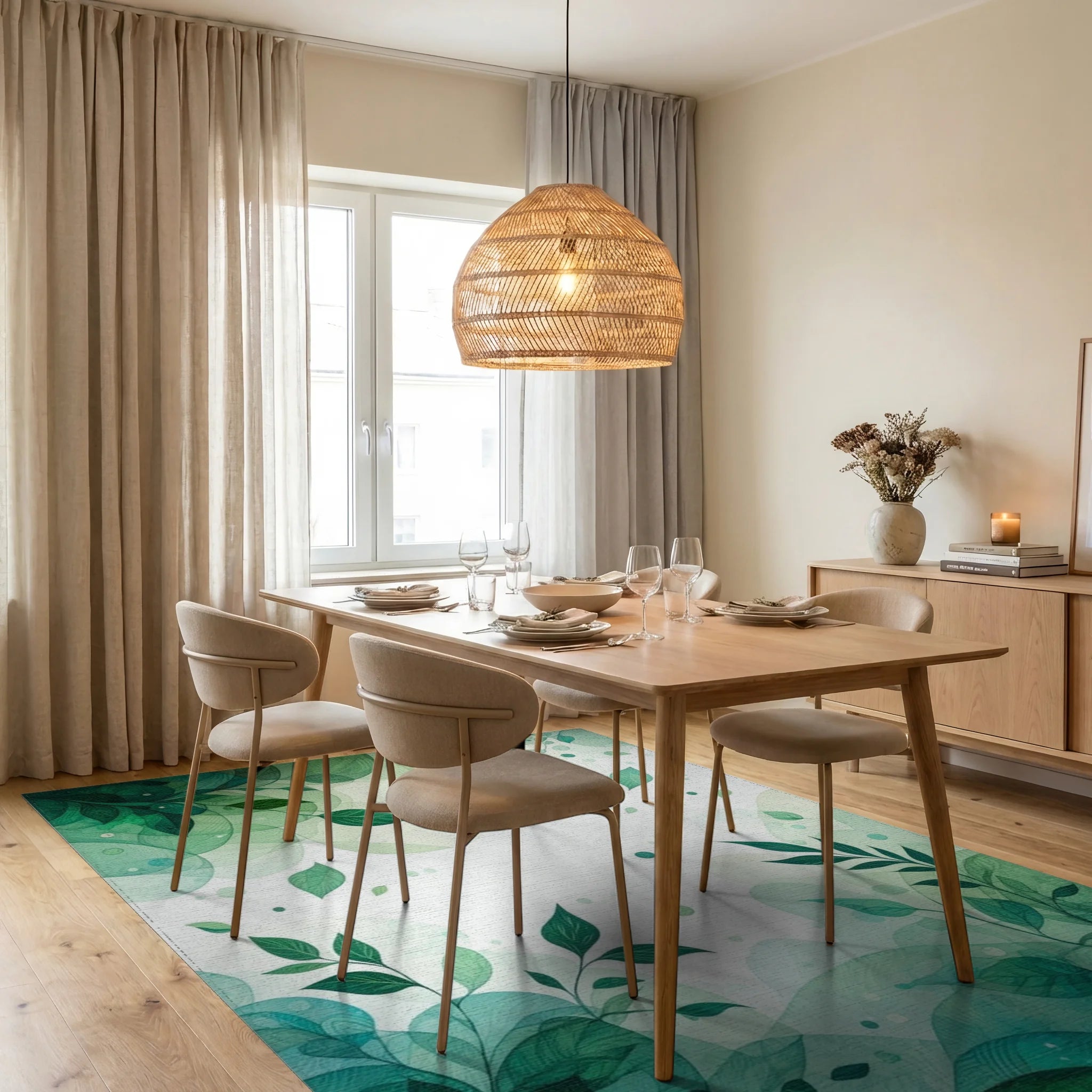Green Leaves Abstract Watercolor Pattern Rug - Dining Room View