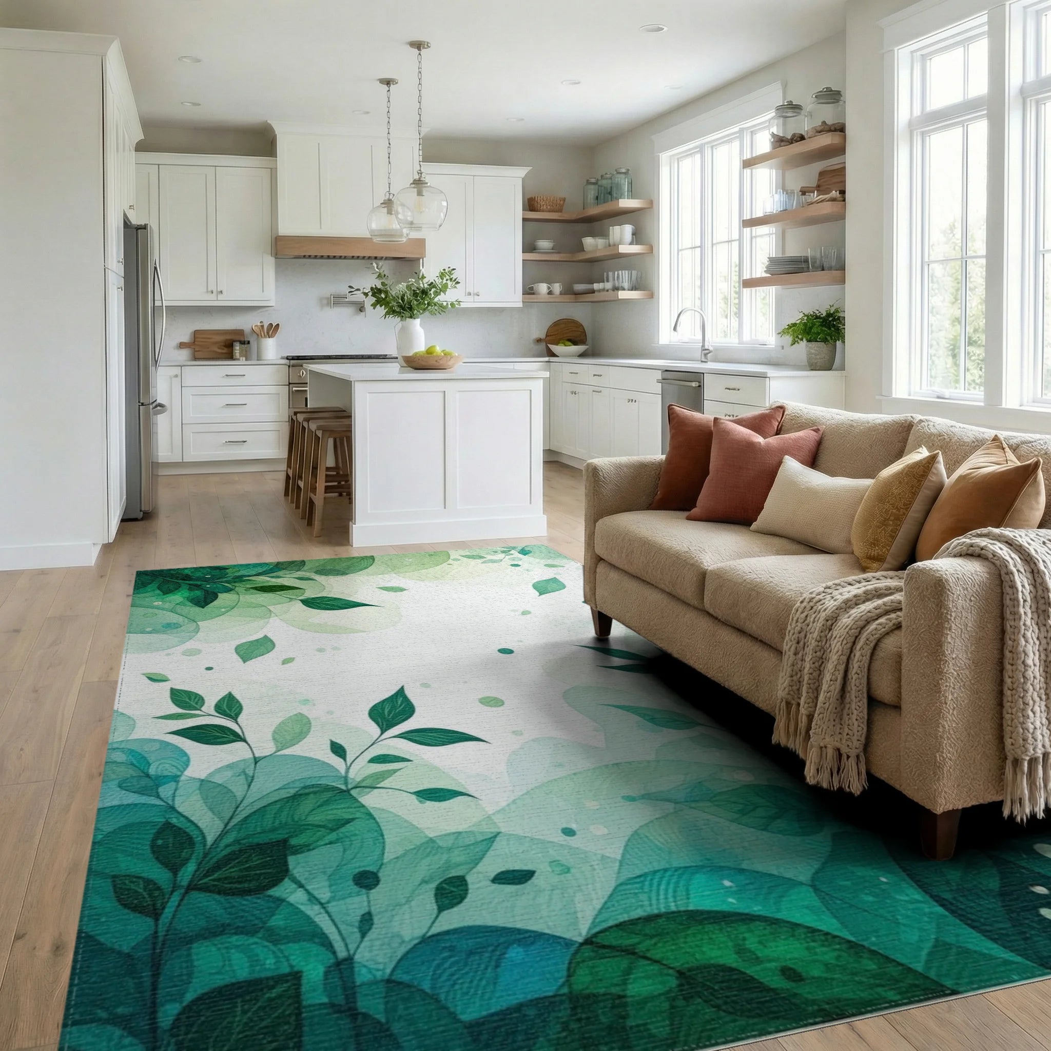 Green Leaves Abstract Watercolor Pattern Rug - Living Room View