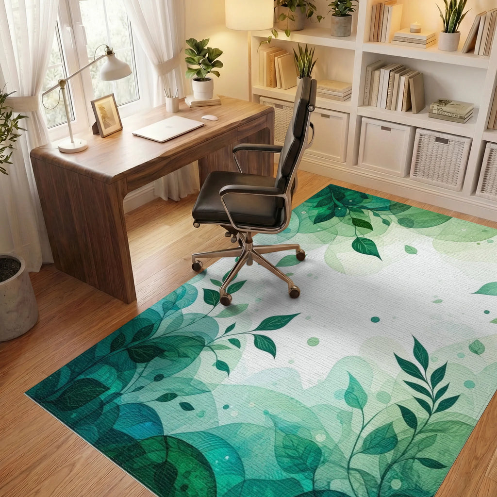 Green Leaves Abstract Watercolor Pattern Rug - Office View