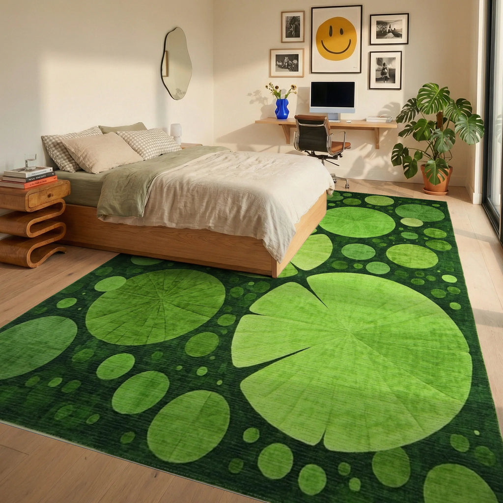 Green Lily Pad Patterned Rug - Bedroom View