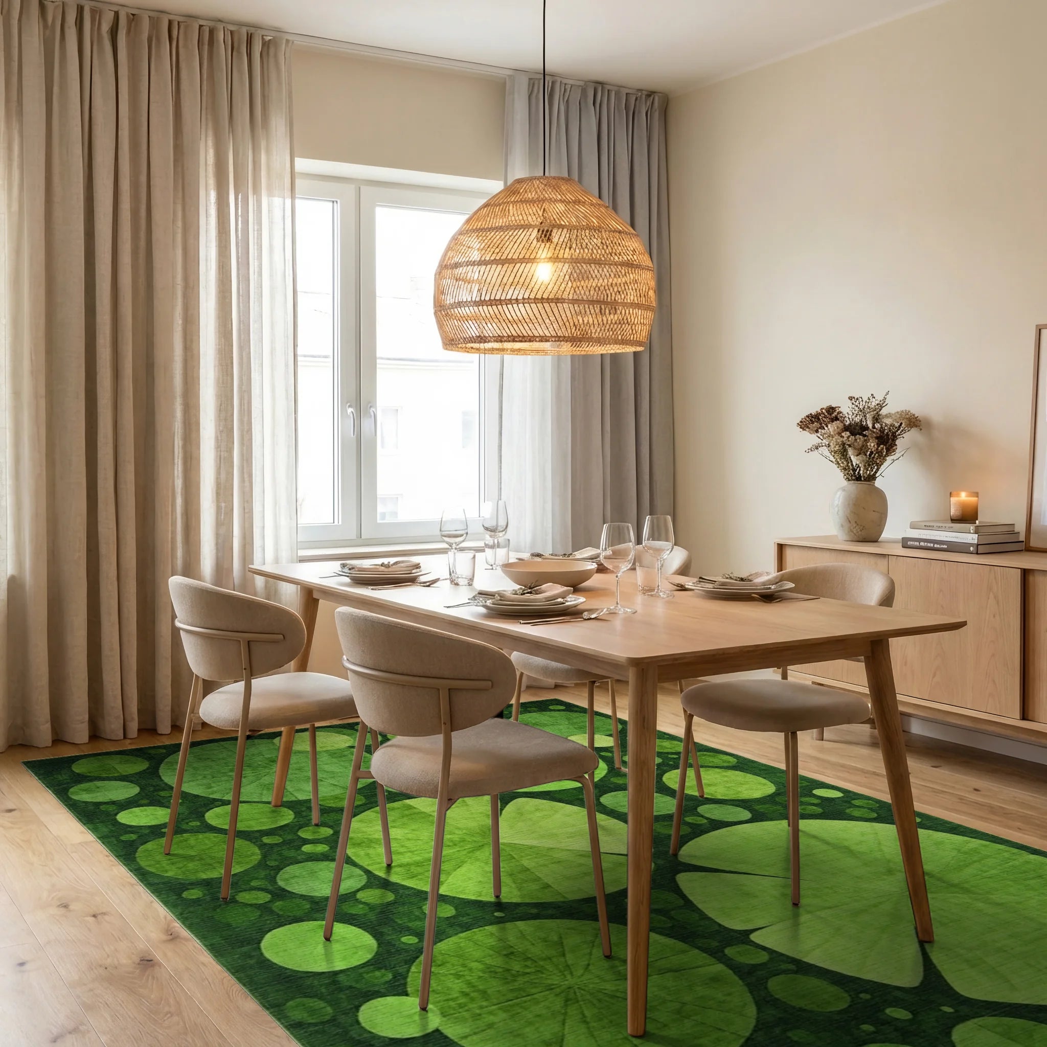 Green Lily Pad Patterned Rug - Dining Room View