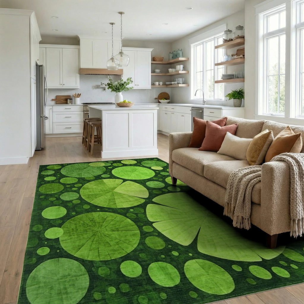 Green Lily Pad Patterned Rug - Living Room View