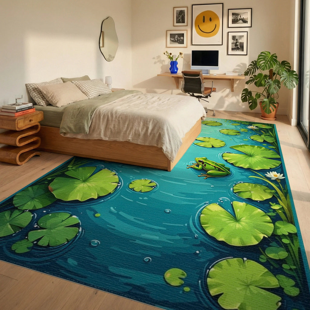 Green Lilypad Pond With Dragonfly Frog Rug - Bedroom View