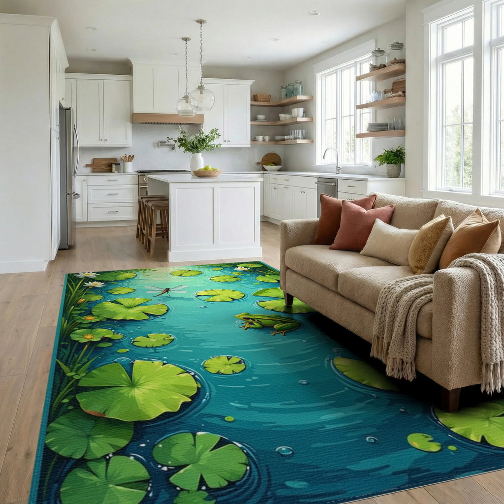 Green Lilypad Pond With Dragonfly Frog Rug - Living Room View