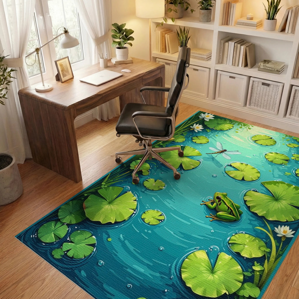 Green Lilypad Pond With Dragonfly Frog Rug - Office View