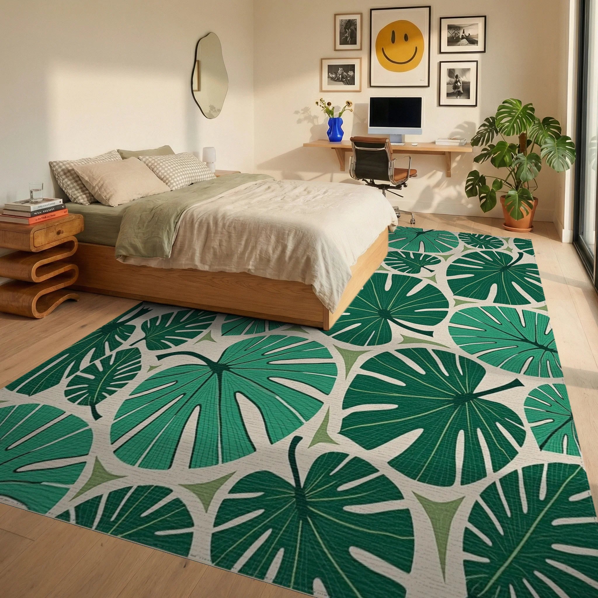 Green Tropical Monstera Leaf Collage Rug Bedroom View