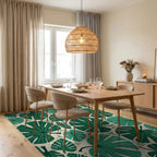 Green Tropical Monstera Leaf Collage Rug Dining Room View