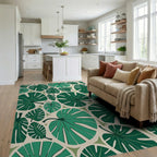 Green Tropical Monstera Leaf Collage Rug Living Room View