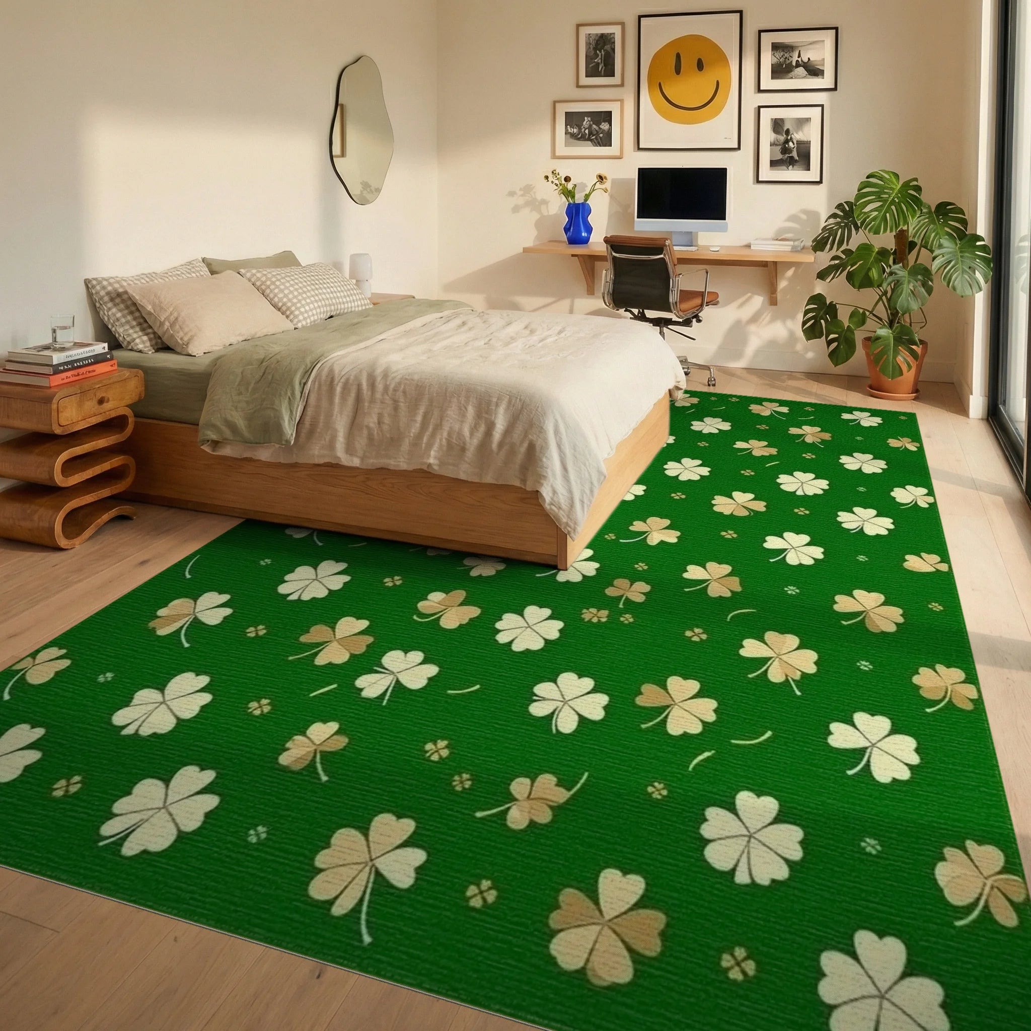 Green White Gold Shamrock Rug - Bedroom View