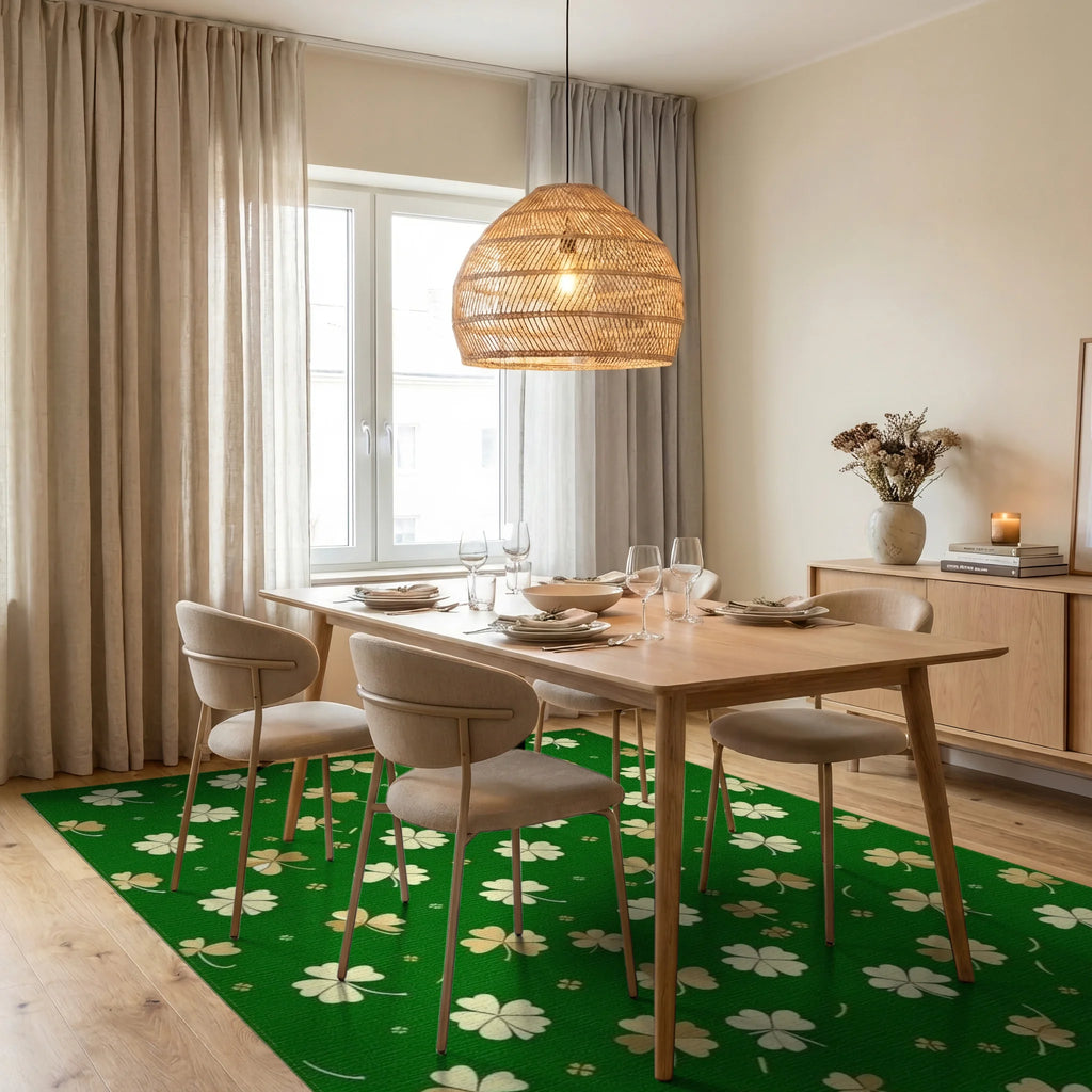 Green White Gold Shamrock Rug - Dining Room View