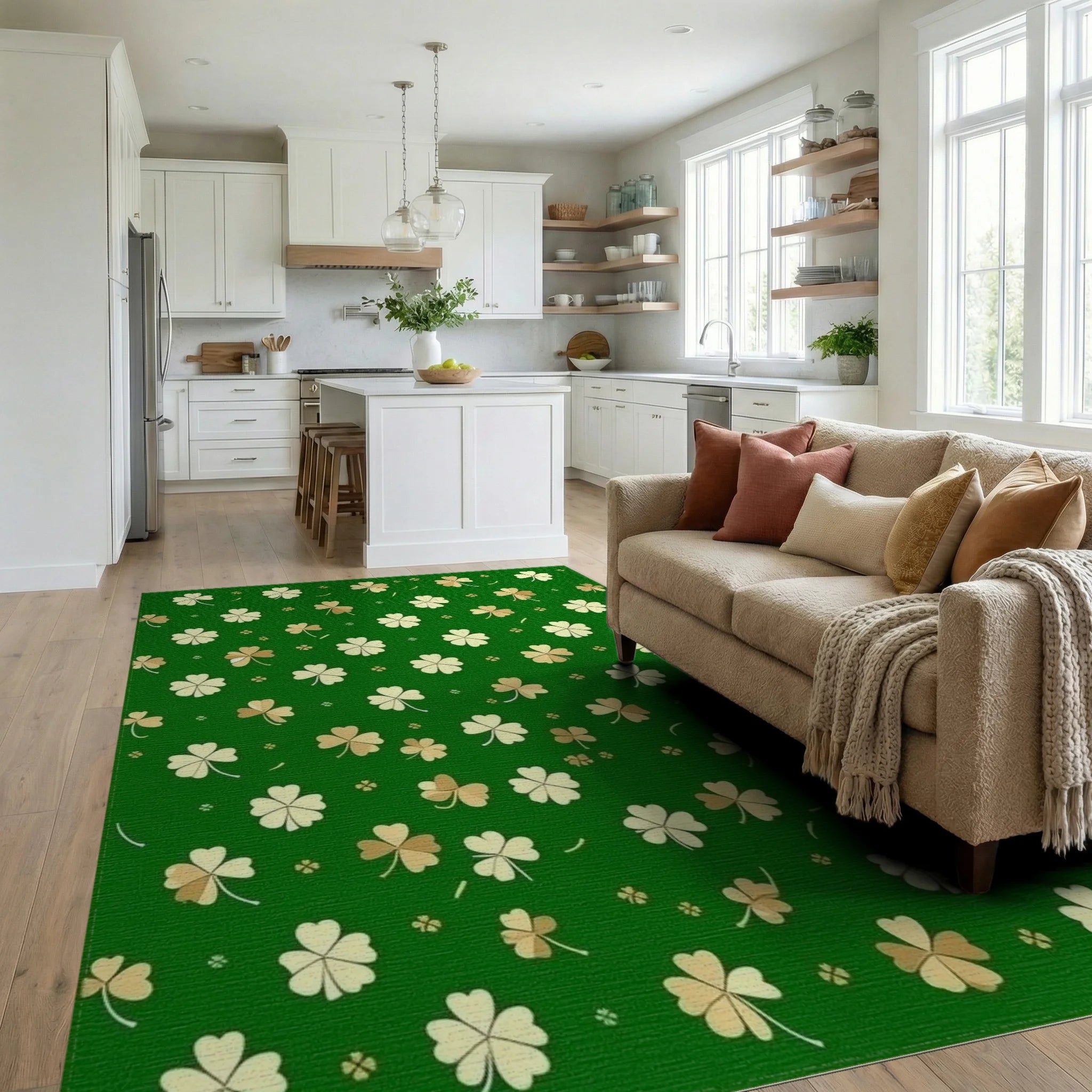 Green White Gold Shamrock Rug - Living Room View