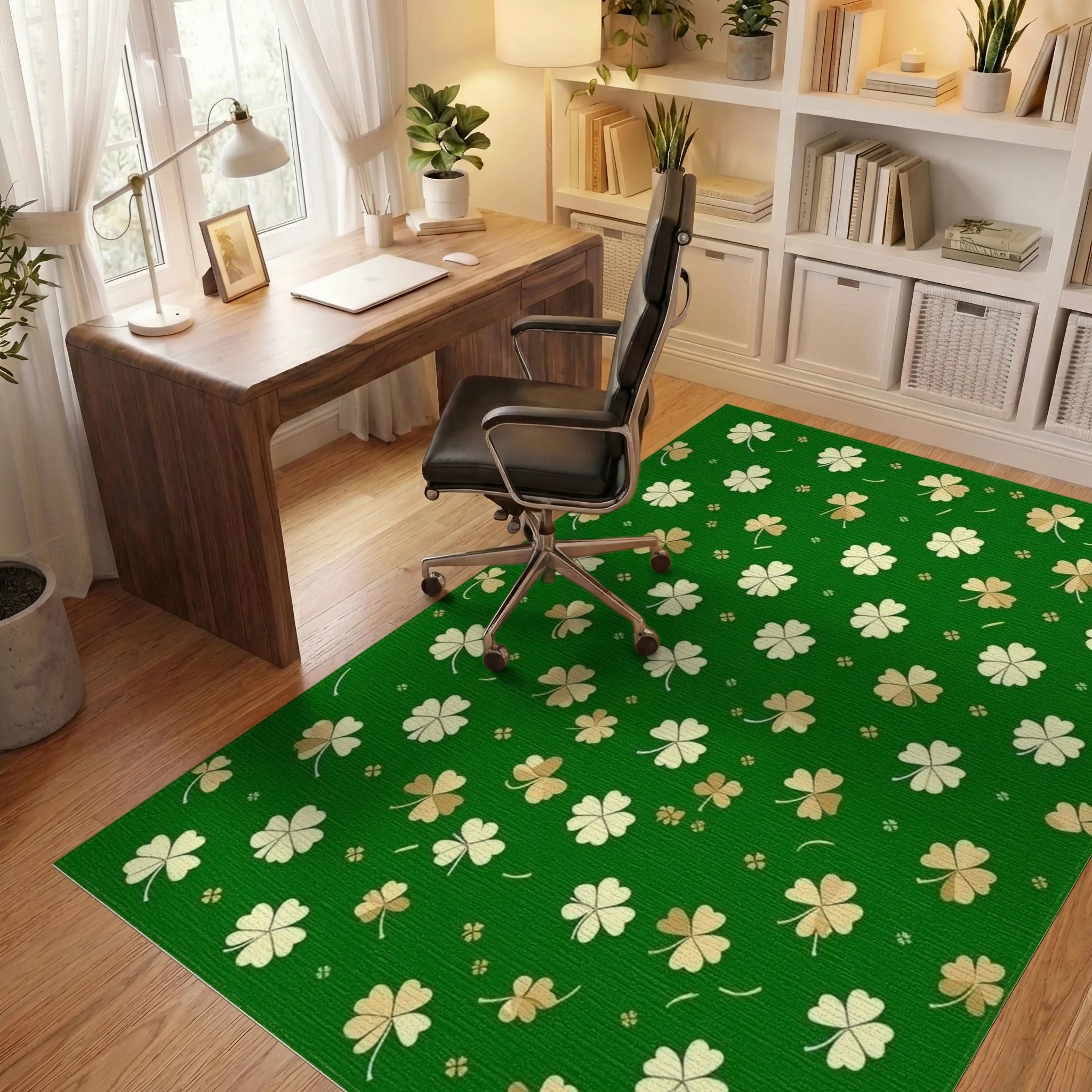 Green White Gold Shamrock Rug - Office View