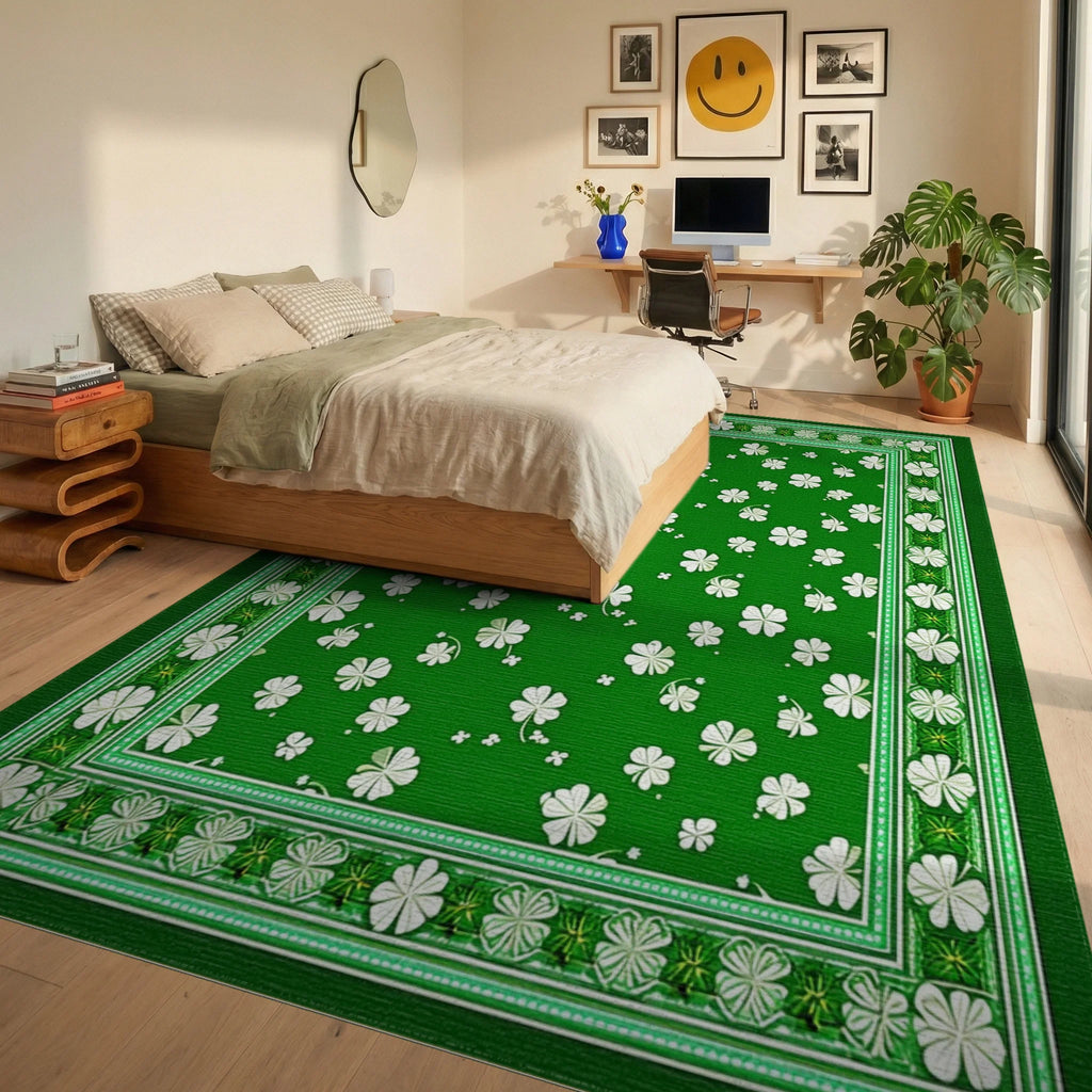 Green White Shamrock Border Rug - Bedroom View