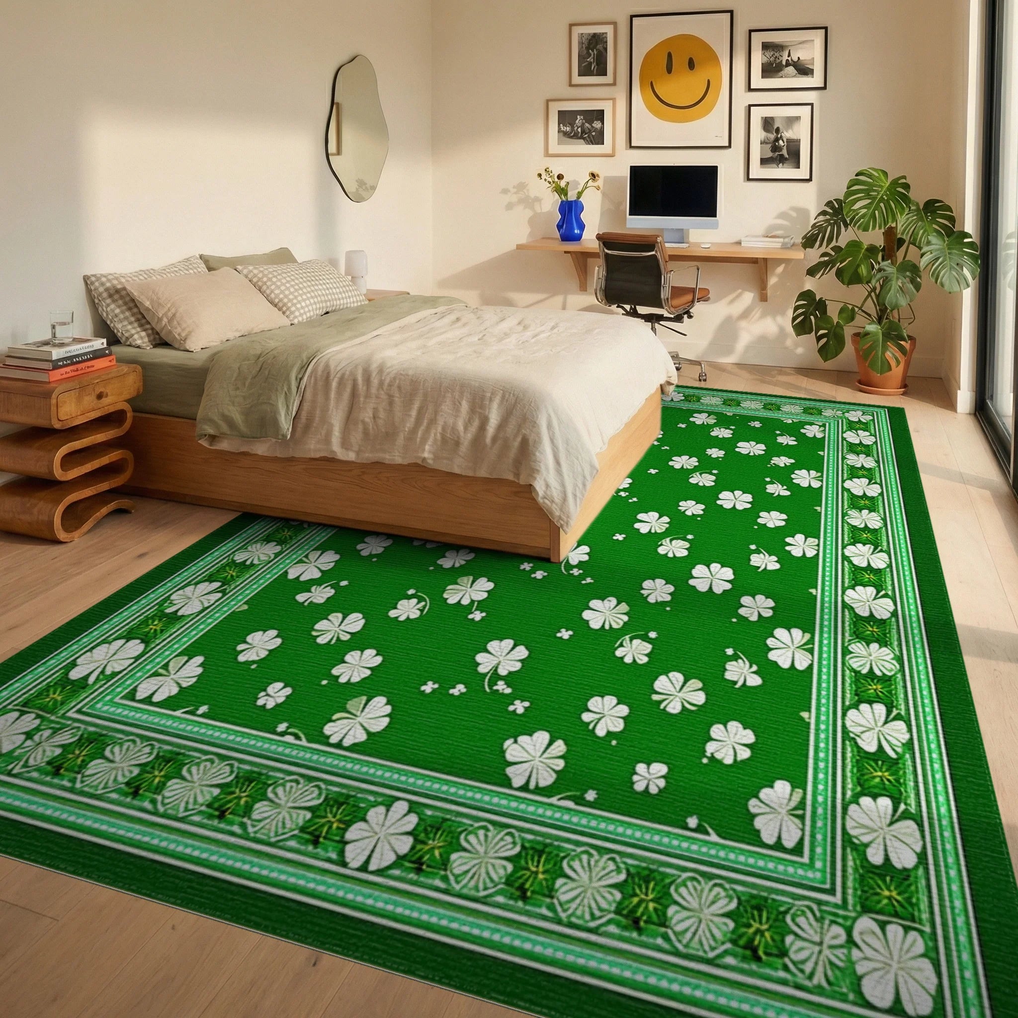 Green White Shamrock Border Rug - Bedroom View