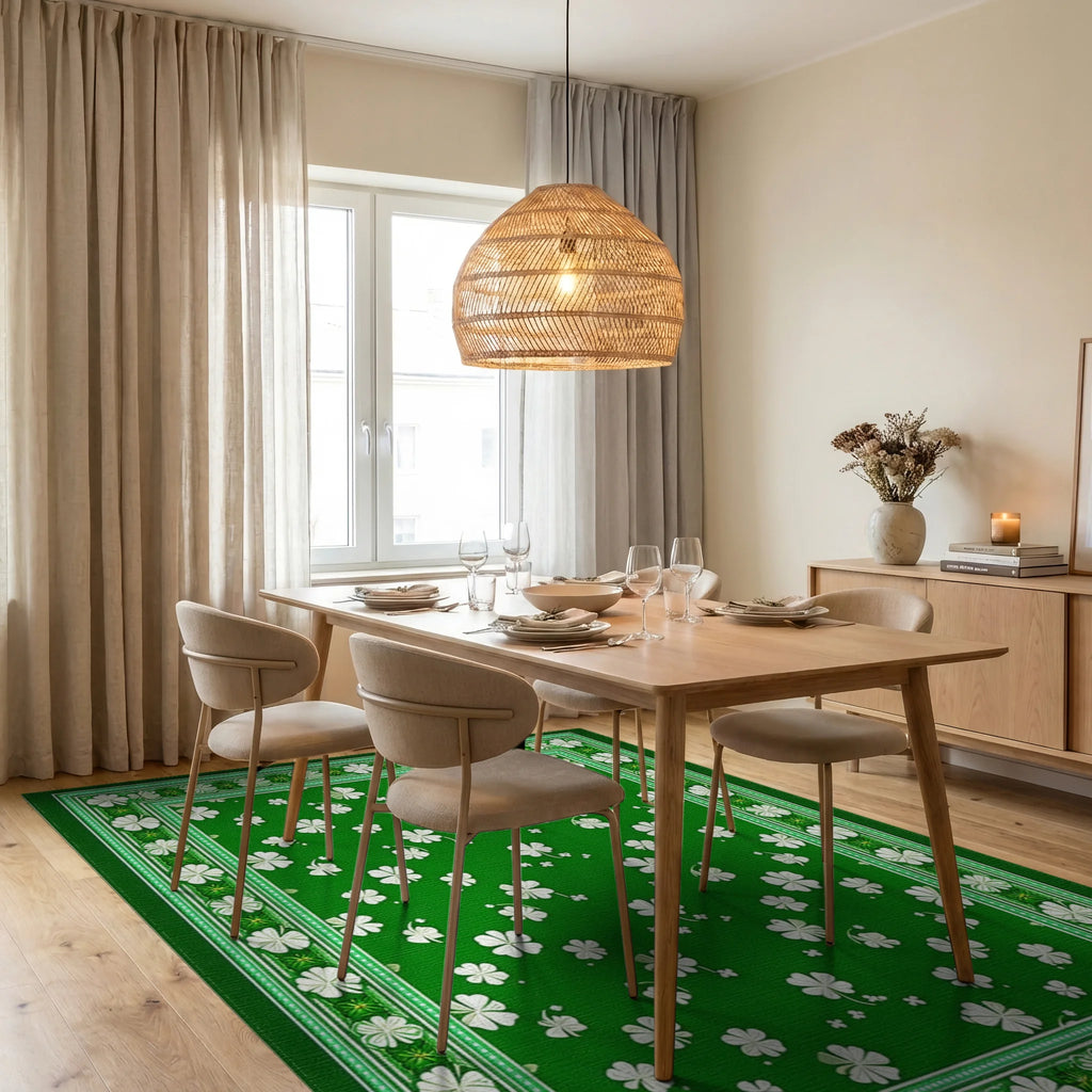 Green White Shamrock Border Rug - Dining Room View