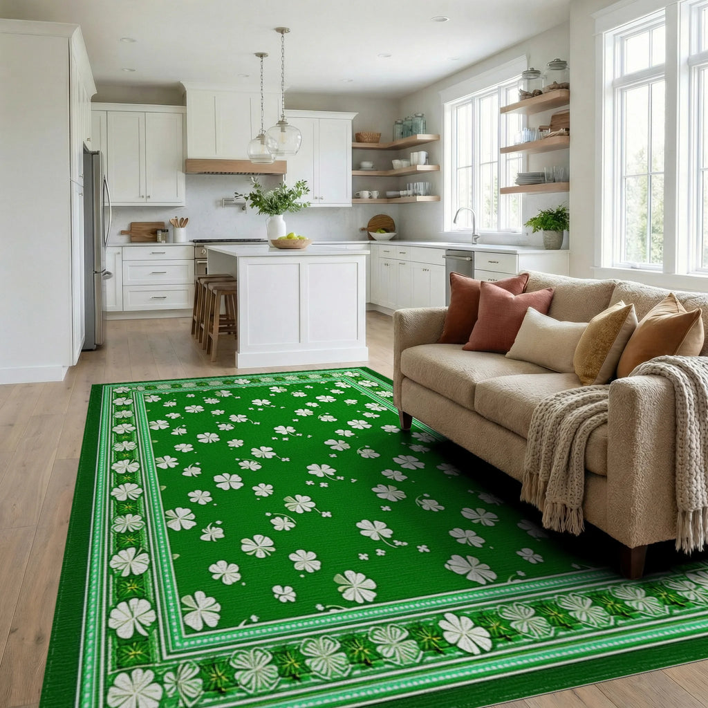 Green White Shamrock Border Rug - Living Room View