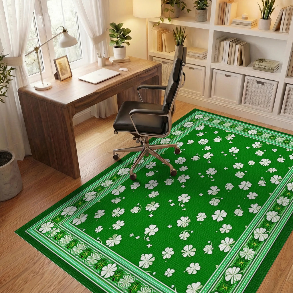 Green White Shamrock Border Rug - Office View