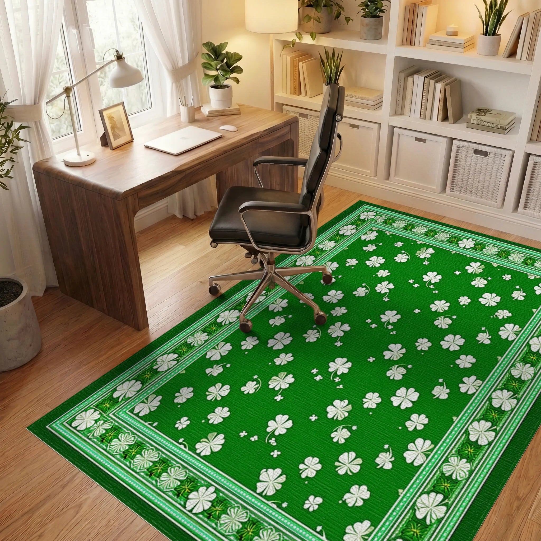 Green White Shamrock Border Rug - Office View