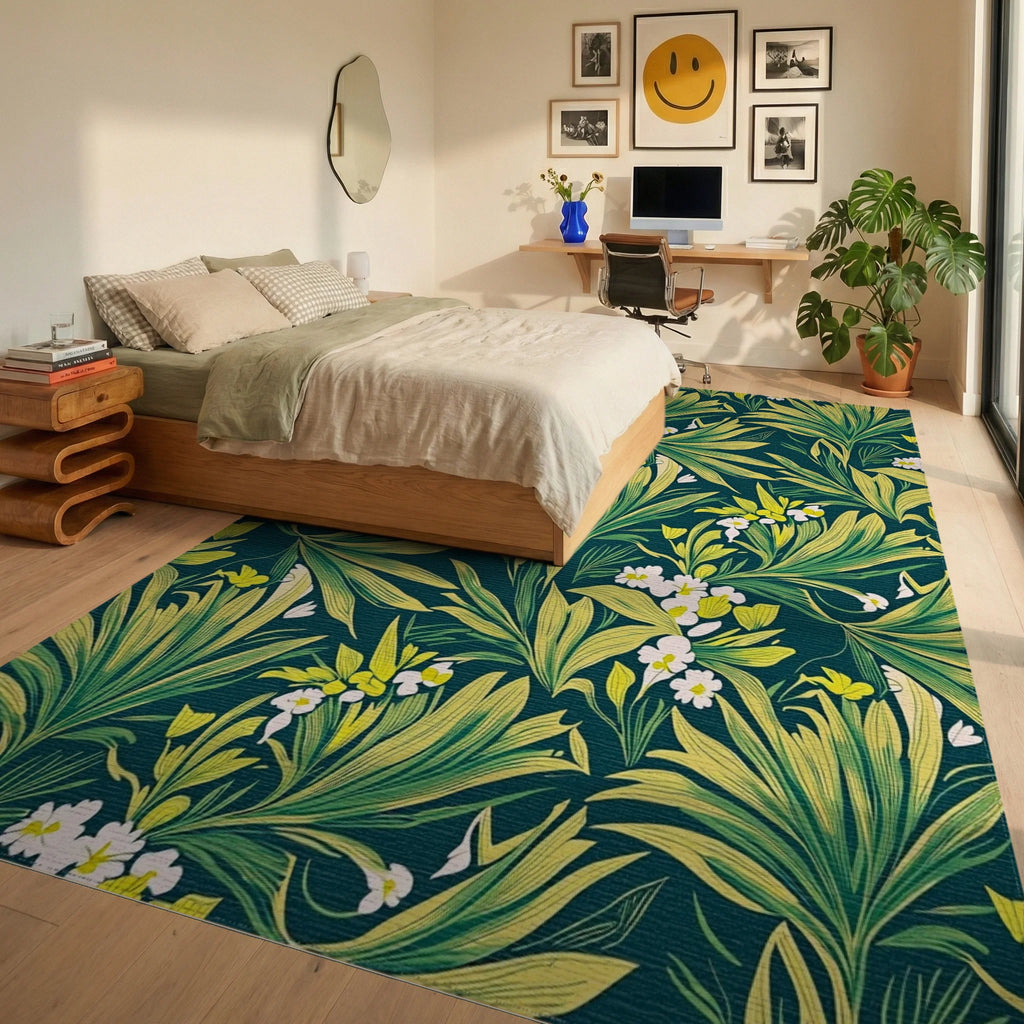 Green Yellow Tropical Floral Pattern Rug Bedroom View